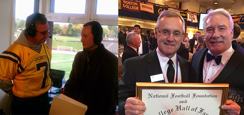 On the Left: Jim Tressel '75 at a BW game wearing his replica #7 jersey On the Right: Tressel at the College Football Hall of Fame Induction with Pat Dunlavy '71
