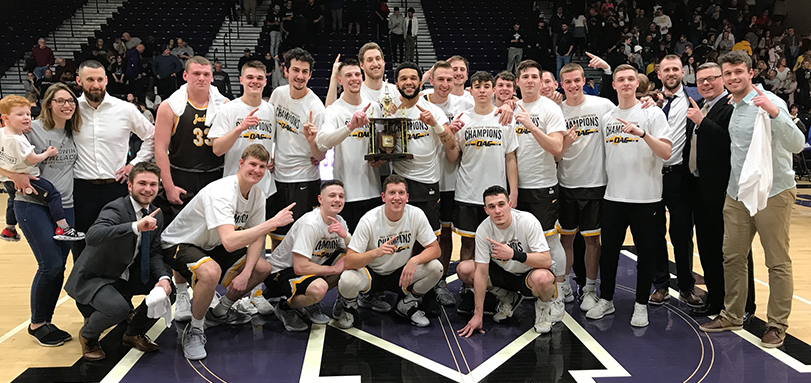 The Baldwin Wallace University men's basketball team after their championship victory over Mount Union
