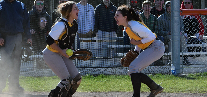 Sami Minor and Abby Cosart celebrate after Yellow Jackets win game one of doubleheader in nine innings. (Photo Courtesy of Jeff Boledovic)