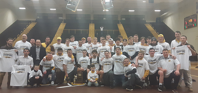 The Baldwin Wallace University wrestling team after defeating Ohio Northern and claiming their fourth-straight Ohio Athletic Conference Championship