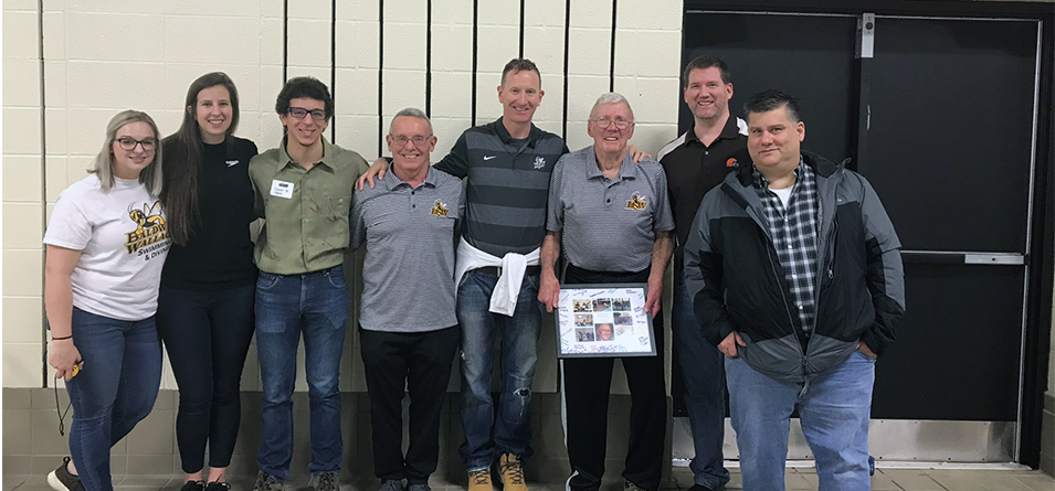 Swimming and Diving Alumni Tessa Elliott' 16, Emily Payne '15, Tyler Elgart '16, Assistant Coach Dave Tressel '73, Doug Amy '90, Diving Coach Bob Fortune '62, Greg Davis '99 and Todd Wise '92 came back to celebrate the 30th Anniversary of the Rebirth of BW Swimming and Diving