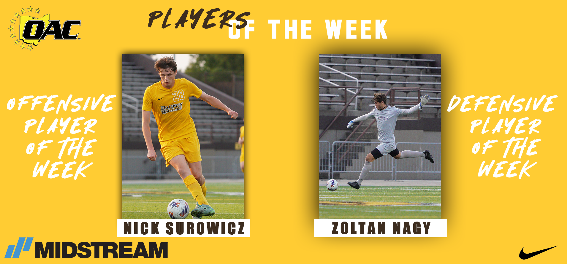 Surowicz and Nagy Named OAC Men’s Soccer Players of the Week