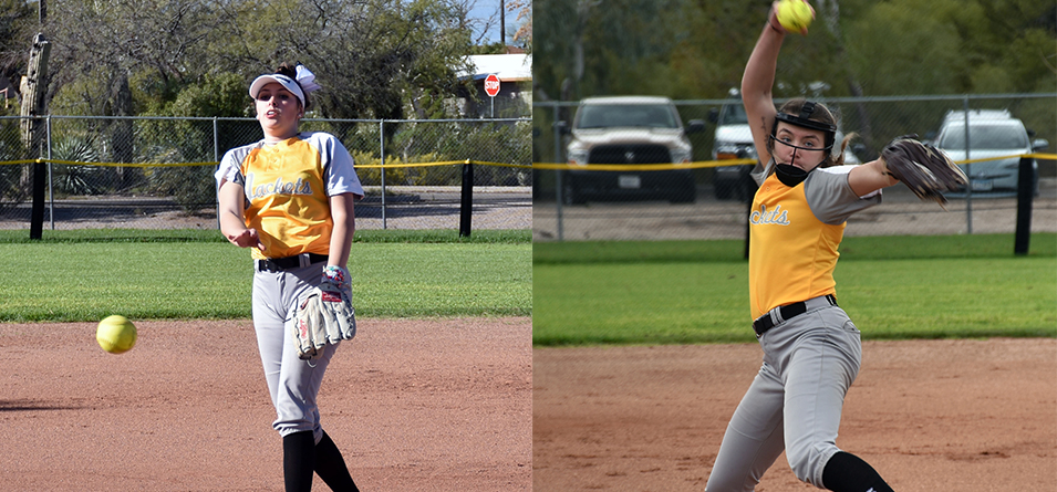 Sophomore pitchers Hannah Welling and Nikki Camarati