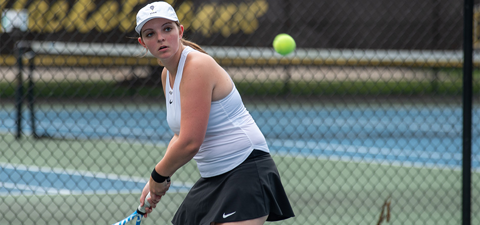 Senior Becca Liebler won her doubles and singles match against Adrian (Mich.) College (Photo Courtesy of Rus Henderson)