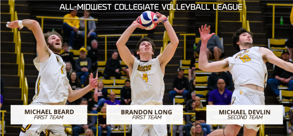 Michael Beard, Brandon Long, and Michael Devlin Earn All-Midwest Collegiate Volleyball League honors (photos courtesy of Kevin Wilker '26)